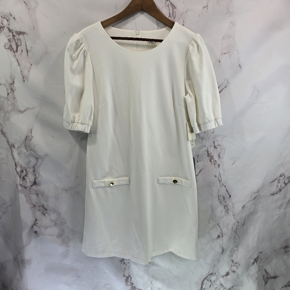 Eliza J Dress Women 14 Large White Puff Sleeve Gold Button Shift Above Knee - Picture 1 of 13